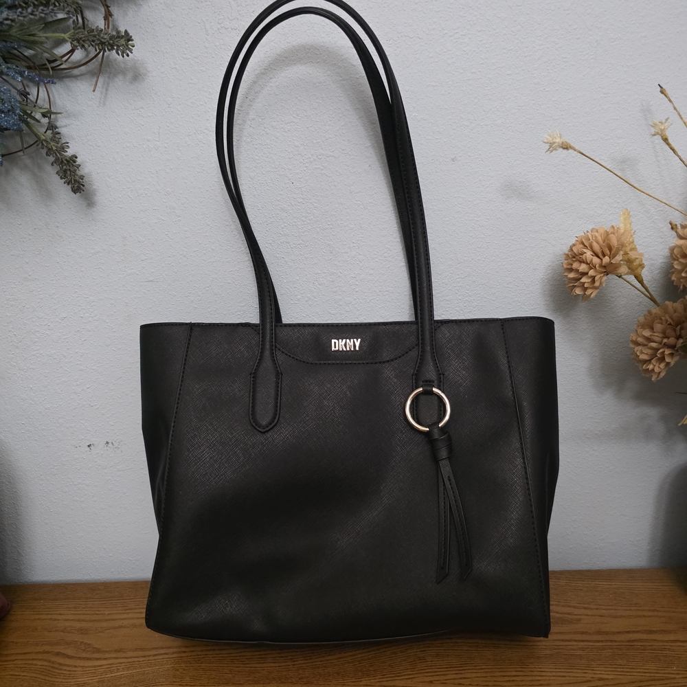 DKNY Black Leather Tote with Tassel